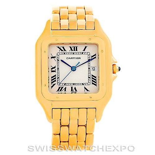 This image shows a front view of a Cartier Panthere Men's Yellow Gold Silver Dial Men's Yellow Gold Silver Dial watch, highlighting its gold case, bracelet, and white dial with Roman numerals.