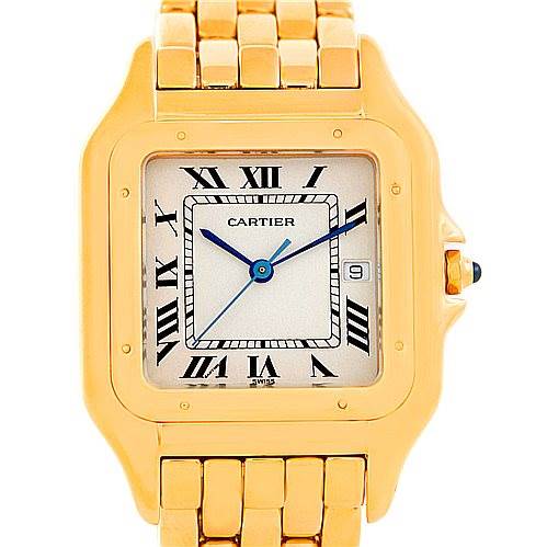 This image shows a Panthere model watch by Cartier from a front angle, displaying the dial, Roman numeral markers, and gold bracelet.