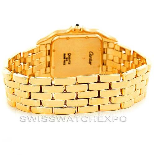 This image shows a rear view of the Cartier Panthère watch, focusing on the back of the case and the gold bracelet.