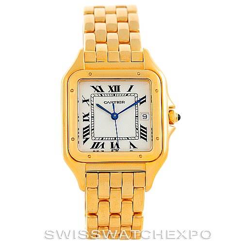 The image shows a front view of the Cartier Panthere W25014B9 Men
s Yellow Gold Silver Dial W25014B9 Men
s Yellow Gold Silver Dial model watch, highlighting its gold band and square face with Roman numerals.