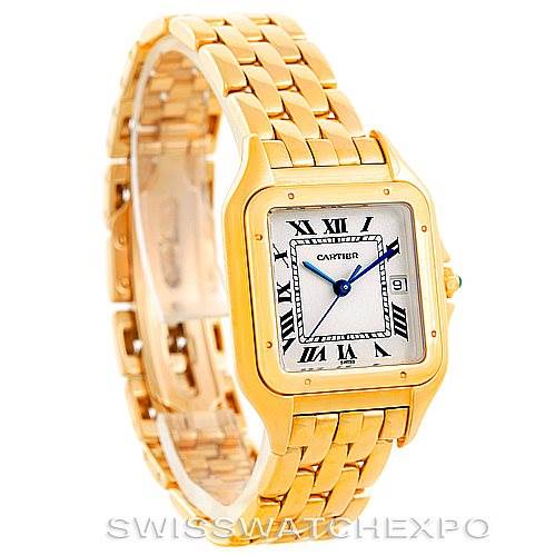 The image shows a side angle of the Cartier Panthere W25014B9 Men
s Yellow Gold Silver Dial W25014B9 Men
s Yellow Gold Silver Dial watch, highlighting the golden bracelet and square dial with Roman numerals.