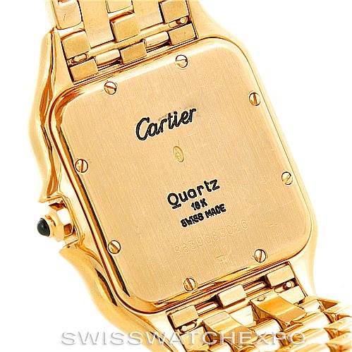 The image shows the back of the gold Cartier Panthere W25014B9 Men
s Yellow Gold Silver Dial W25014B9 Men
s Yellow Gold Silver Dial model with its marked details and part of the bracelet.