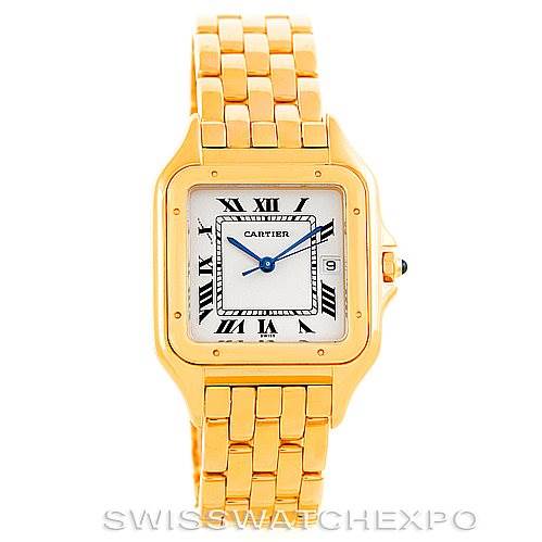 The image shows a front view of a Cartier Panthere W25014B9 Men
s Yellow Gold Silver Dial W25014B9 Men
s Yellow Gold Silver Dial model watch, highlighting its gold case, bracelet, and Roman numeral dial.