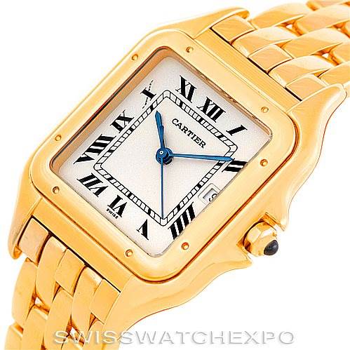 The image shows a Cartier Panthere W25014B9 Men
s Yellow Gold Silver Dial W25014B9 Men
s Yellow Gold Silver Dial watch from a top and slightly angled view, highlighting its square face, Roman numerals, and gold bracelet.