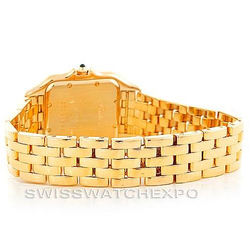 The image shows the back and bracelet of the Cartier Panthere W25014B9 Men
s Yellow Gold Silver Dial W25014B9 Men
s Yellow Gold Silver Dial watch, highlighting its gold links.