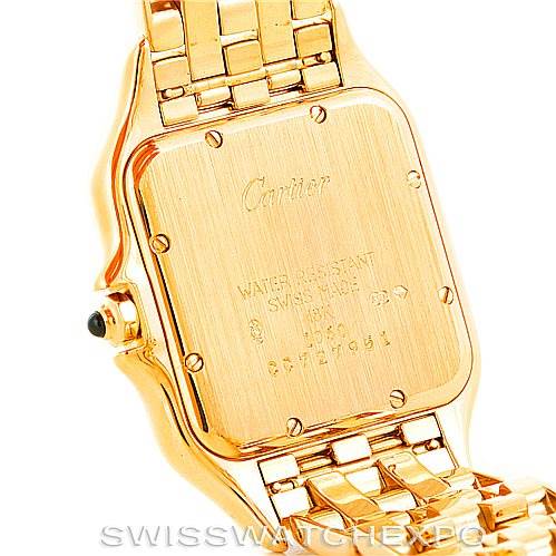 This image shows the back case and part of the band of a Cartier Panthere W25014B9 Men
s Yellow Gold Silver Dial W25014B9 Men
s Yellow Gold Silver Dial watch at an angle.