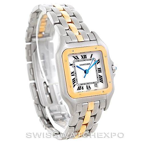 This image shows a Cartier Panthere Men
s Steel and Gold (two tone) Silver Dial Men
s Steel and Gold (two tone) Silver Dial model watch at a three-quarter angle, focusing on its face, bezel, and band.