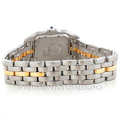 The image shows the back view of a Cartier Panthere Men
s Steel and Gold (two tone) Silver Dial Men
s Steel and Gold (two tone) Silver Dial watch, highlighting its two-tone metal bracelet and case back.