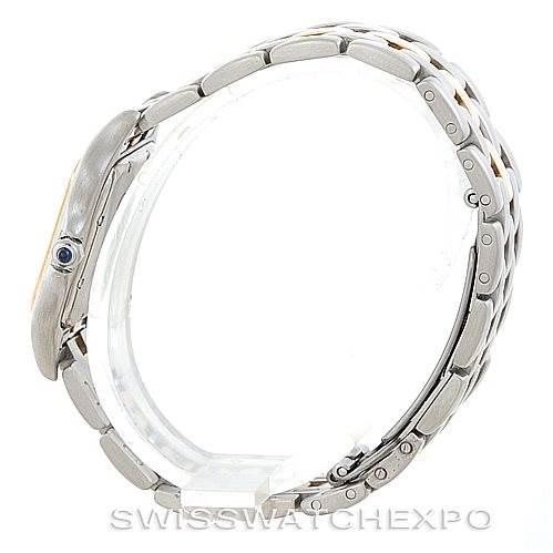 This side view of the Cartier Panthere Men
s Steel and Gold (two tone) Silver Dial Men
s Steel and Gold (two tone) Silver Dial watch shows the bracelet and case, highlighting the thin profile and detailing.