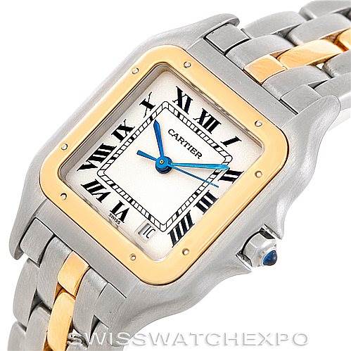 The image shows a close-up of a Cartier Panthere Men
s Steel and Gold (two tone) Silver Dial Men
s Steel and Gold (two tone) Silver Dial watch face and part of its bracelet in a two-tone design.