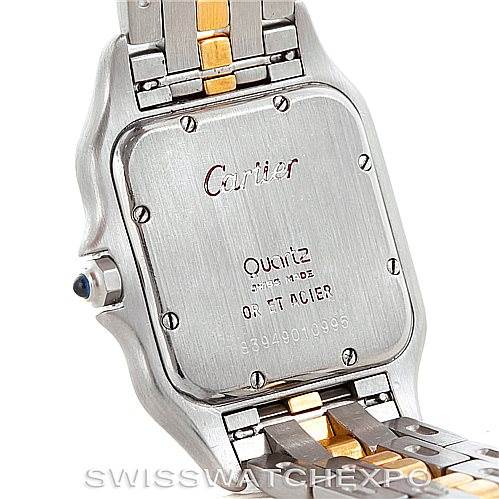 This is the back view of the Cartier Panthere Men
s Steel and Gold (two tone) Silver Dial Men
s Steel and Gold (two tone) Silver Dial watch, showing the case back, bracelet, and part of the crown.