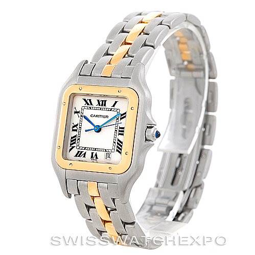 This image shows a Cartier Panthere Men
s Steel and Gold (two tone) Silver Dial Men
s Steel and Gold (two tone) Silver Dial watch at an angle highlighting its front, including the face, bezel, and two-tone bracelet.