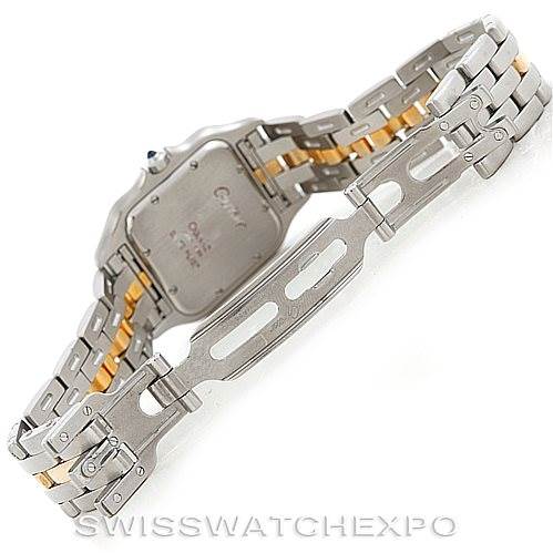 This image shows the back view and bracelet of the Cartier Panthere Men
s Steel and Gold (two tone) Silver Dial Men
s Steel and Gold (two tone) Silver Dial watch, highlighting its clasp and two-tone metal design.