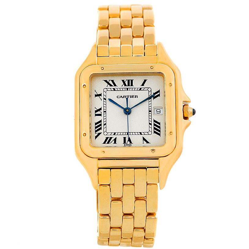 The image shows a Cartier Panthere W25014B9 Men
s Yellow Gold Silver Dial W25014B9 Men
s Yellow Gold Silver Dial watch from the front, displaying its gold bracelet, square face, and Roman numeral dial.