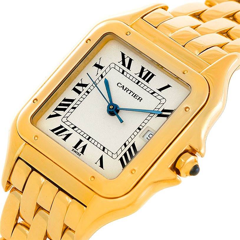 This image shows a close-up of the Cartier Panthere W25014B9 Men
s Yellow Gold Silver Dial W25014B9 Men
s Yellow Gold Silver Dial watch face and part of the gold bracelet band.