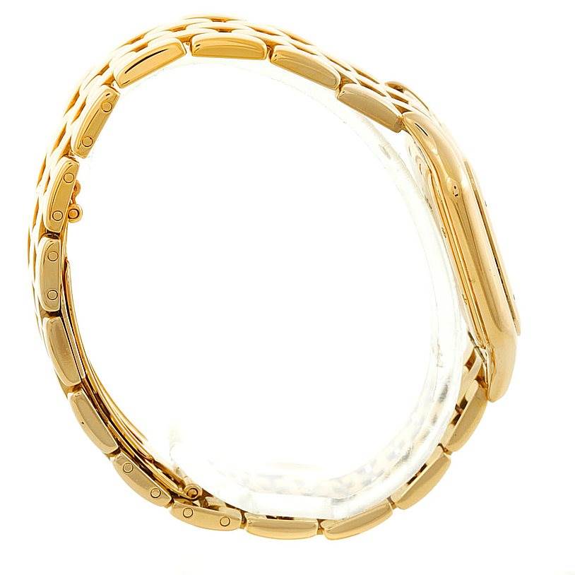 The image shows a side profile of the Panthere model watch by Cartier, focusing on its gold bracelet and case side.