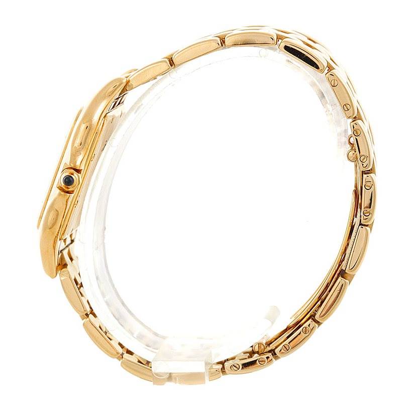 The image shows the side view of a Cartier Panthère watch, highlighting the gold bracelet and case.