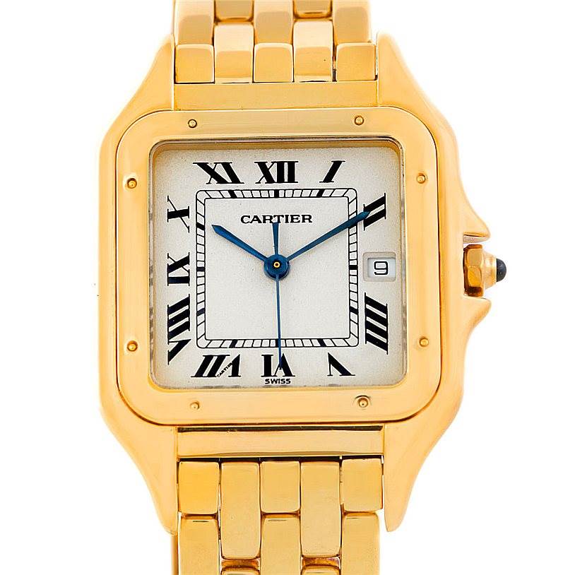 The image shows a front view of a Cartier Panthere W25014B9 Men
s Yellow Gold Silver Dial W25014B9 Men
s Yellow Gold Silver Dial watch, displaying the dial, hands, and bracelet.