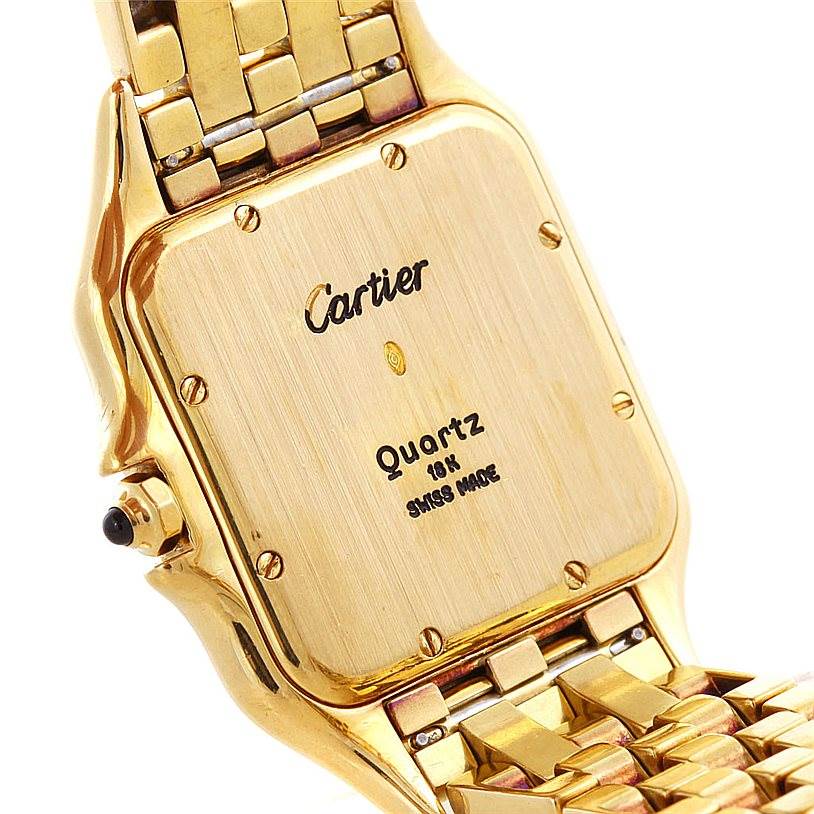 This image shows the back view of the Cartier Panthere W25014B9 Men
s Yellow Gold Silver Dial W25014B9 Men
s Yellow Gold Silver Dial watch, highlighting the case and part of the bracelet.