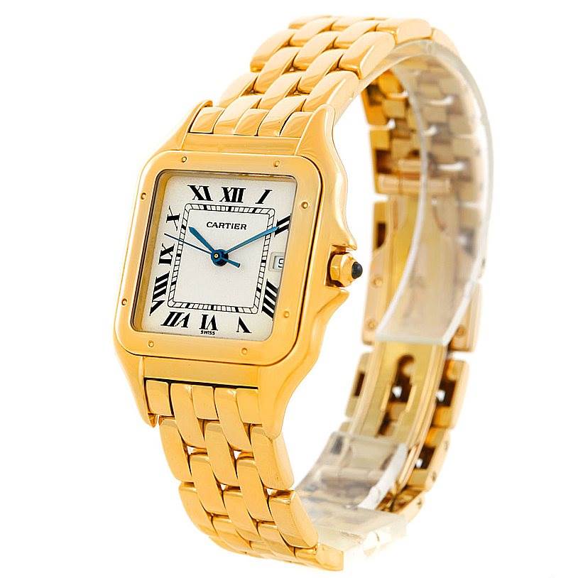 This image shows a Cartier Panthere W25014B9 Men
s Yellow Gold Silver Dial W25014B9 Men
s Yellow Gold Silver Dial model watch at an angle displaying its face, crown, and bracelet.