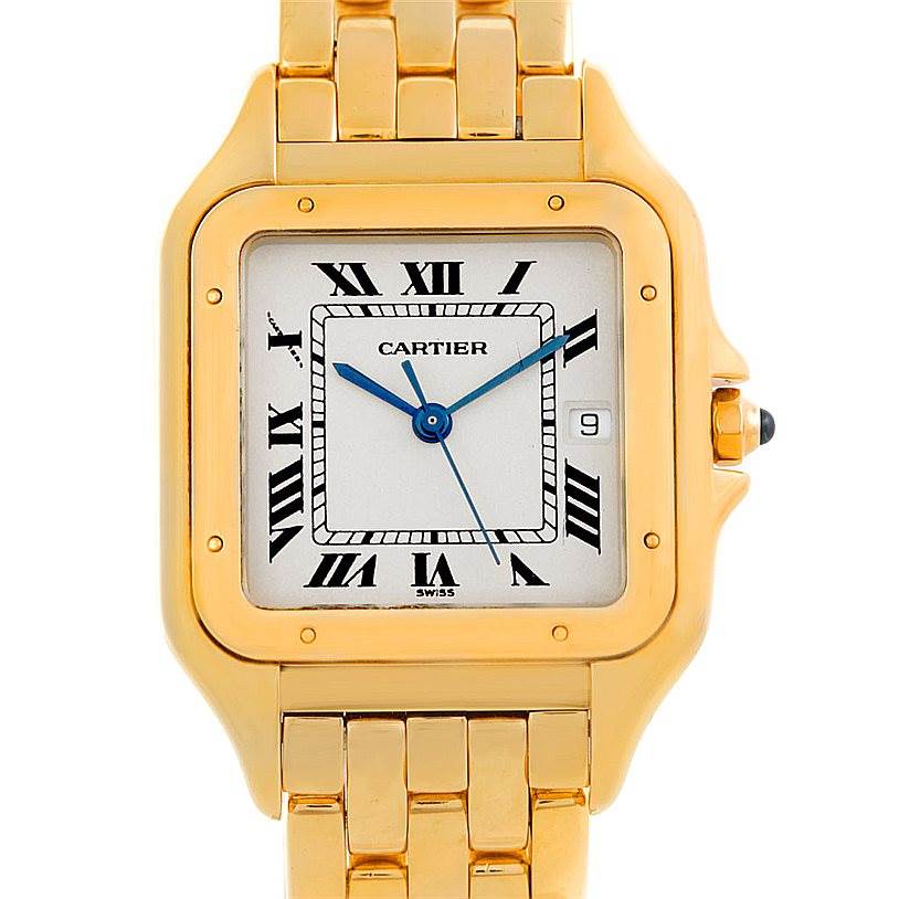 The Cartier Panthere W25014B9 Men's Yellow Gold Silver Dial W25014B9 Men's Yellow Gold Silver Dial model watch is shown from a front angle displaying the face, bezel, and bracelet.