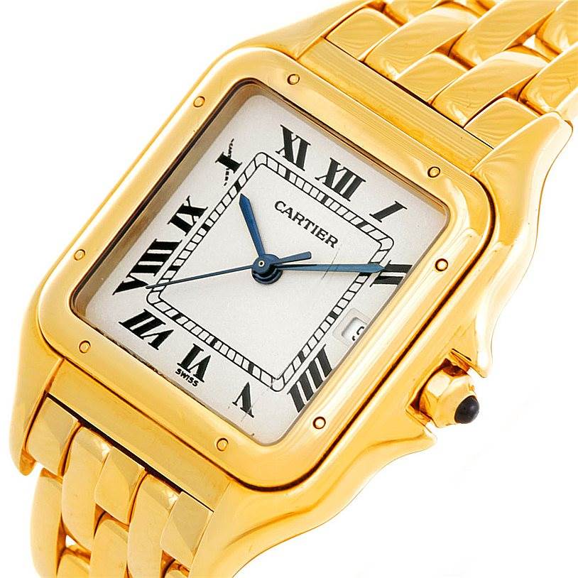 The image shows the dial and part of the bracelet of a Cartier Panthere W25014B9 Men's Yellow Gold Silver Dial W25014B9 Men's Yellow Gold Silver Dial watch at a slight angle.