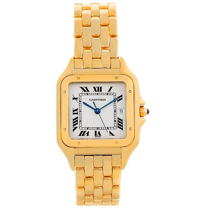 The image shows a front view of a Cartier Panthere W25014B9 Men's Yellow Gold Silver Dial W25014B9 Men's Yellow Gold Silver Dial model watch, displaying its gold bracelet, square bezel, and dial with Roman numerals.