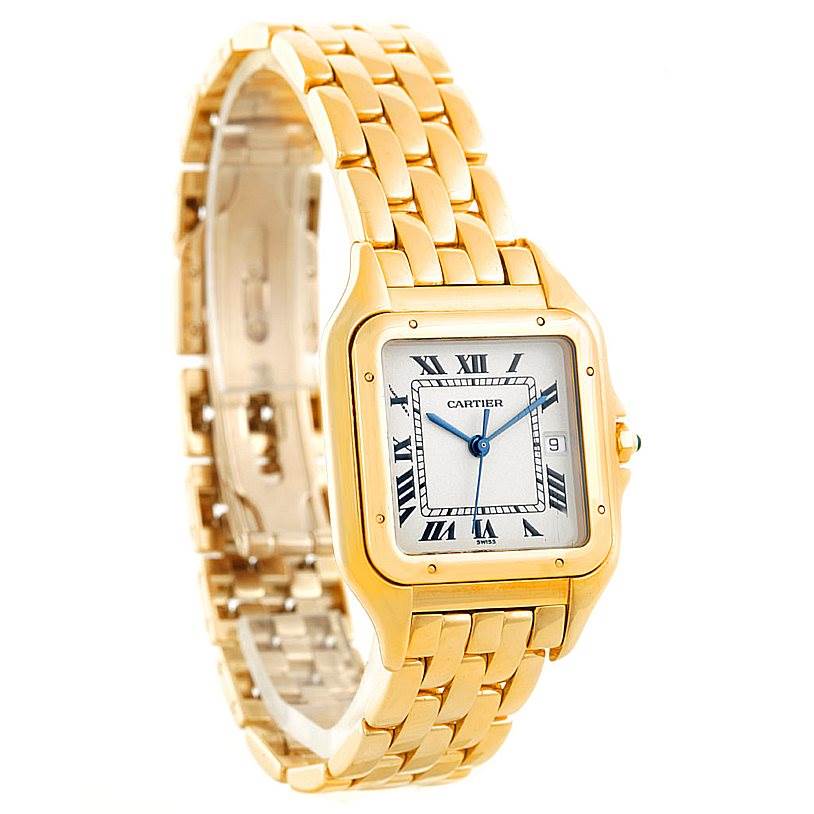 The image shows a Cartier Panthere W25014B9 Men's Yellow Gold Silver Dial W25014B9 Men's Yellow Gold Silver Dial watch, featuring its gold bracelet, square case, and Roman numeral dial at a slight angle.