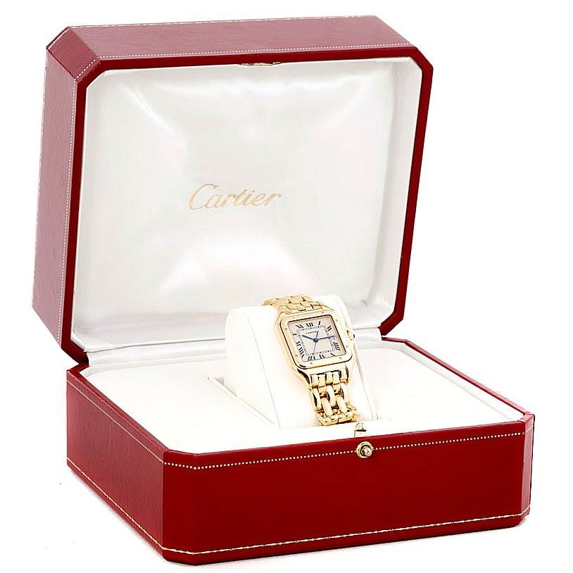 The image shows a Cartier Panthere W25014B9 Men's Yellow Gold Silver Dial W25014B9 Men's Yellow Gold Silver Dial watch in an open red Cartier watch box, viewed from the front.