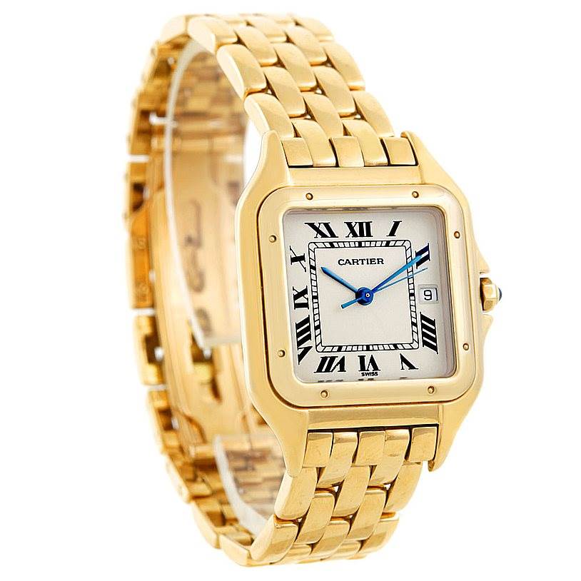 The image shows a Cartier Panthere W25014B9 Men's Yellow Gold Silver Dial W25014B9 Men's Yellow Gold Silver Dial model watch angled to display its gold bracelet, square case, white dial, and Roman numerals.