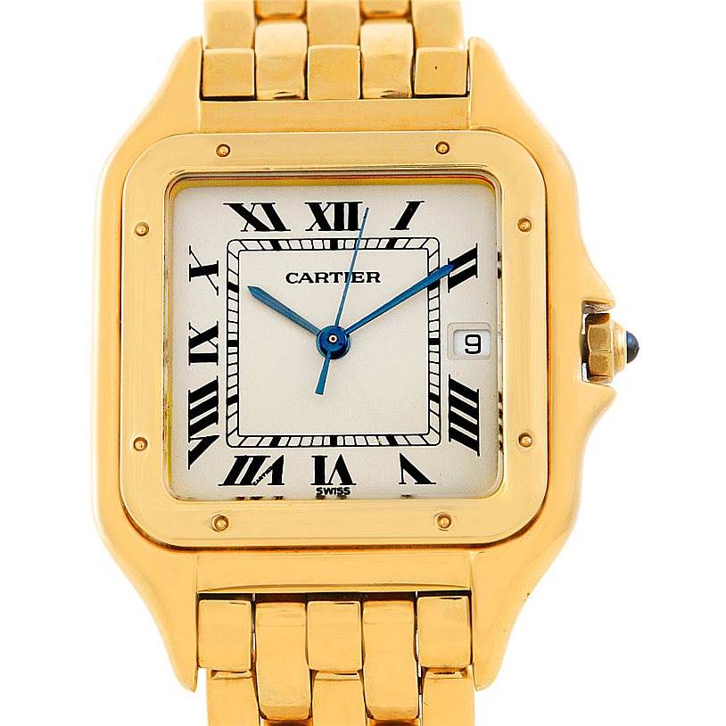 This image shows a front view of a Cartier Panthere W25014B9 Men's Yellow Gold Silver Dial W25014B9 Men's Yellow Gold Silver Dial watch, highlighting its square dial and gold bracelet.