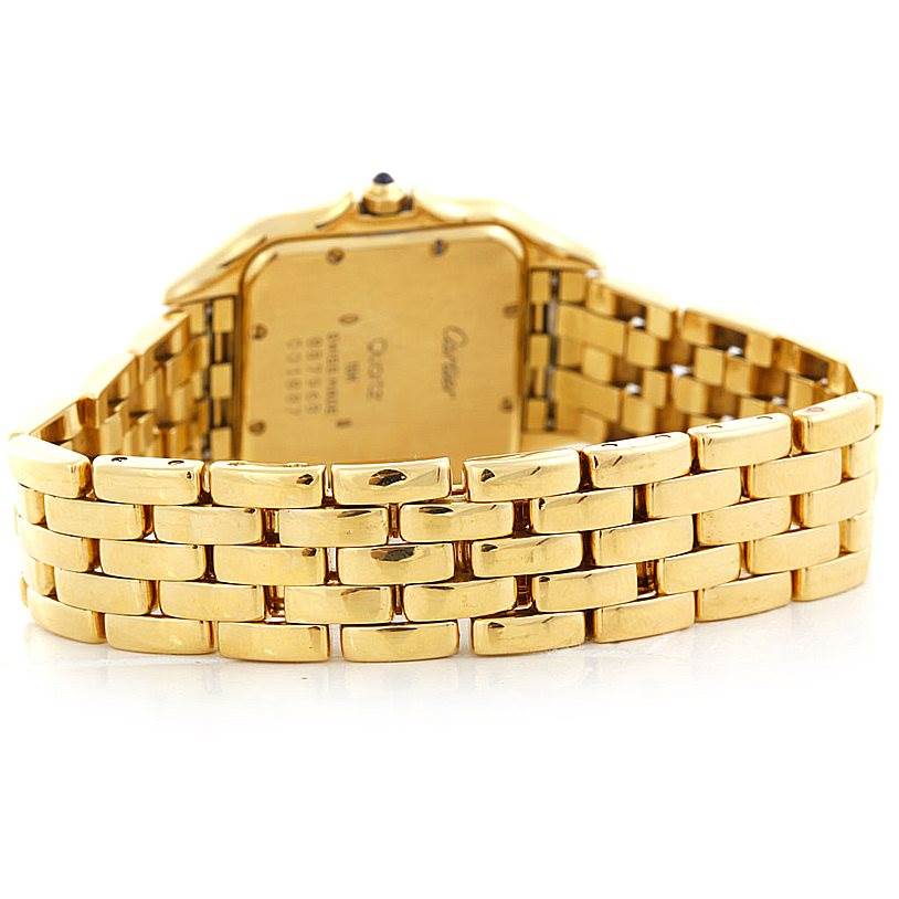 The image shows the back and band of the Cartier Panthere W25014B9 Men's Yellow Gold Silver Dial W25014B9 Men's Yellow Gold Silver Dial watch, highlighting its gold finish and link design.