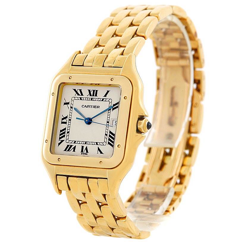 The image shows a Panthère de Cartier watch from a front-right angle, highlighting the gold case, bracelet, and Roman numeral dial.
