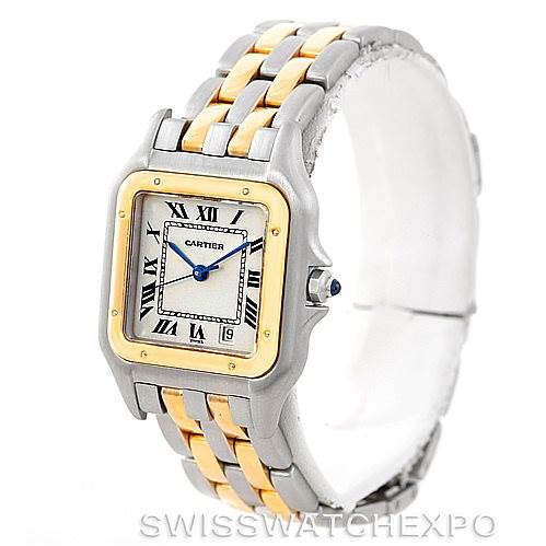 This image shows the Cartier Panthere W25028B6 Men's Steel and Gold (two tone) Beige Dial W25028B6 Men's Steel and Gold (two tone) Beige Dial watch from an angled view, displaying its face, bezel, and two-tone bracelet.