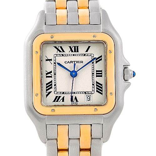The image shows a frontal view of the face, bezel, and part of the bracelet of a Cartier Panthere W25028B6 Men's Steel and Gold (two tone) Beige Dial W25028B6 Men's Steel and Gold (two tone) Beige Dial watch.