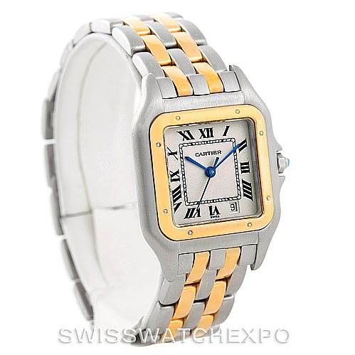 The image shows a front angle of the Cartier Panthere W25028B6 Men's Steel and Gold (two tone) Beige Dial W25028B6 Men's Steel and Gold (two tone) Beige Dial watch, highlighting its face, bezel, and two-tone bracelet.