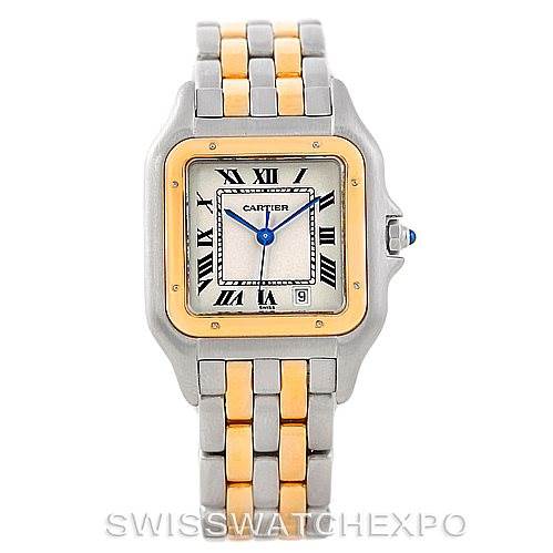 The image shows a Panthere model by Cartier from a front angle, highlighting the watch face, bezel, and part of the bracelet.