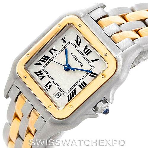 The image shows a Cartier Panthere W25028B6 Men's Steel and Gold (two tone) Beige Dial W25028B6 Men's Steel and Gold (two tone) Beige Dial model watch from a tilted angle, displaying its face, bezel, and part of the two-tone bracelet.