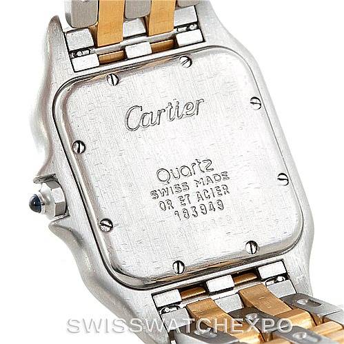 The image shows the back case and part of the bracelet of a Cartier Panthere W25028B6 Men's Steel and Gold (two tone) Beige Dial W25028B6 Men's Steel and Gold (two tone) Beige Dial watch.