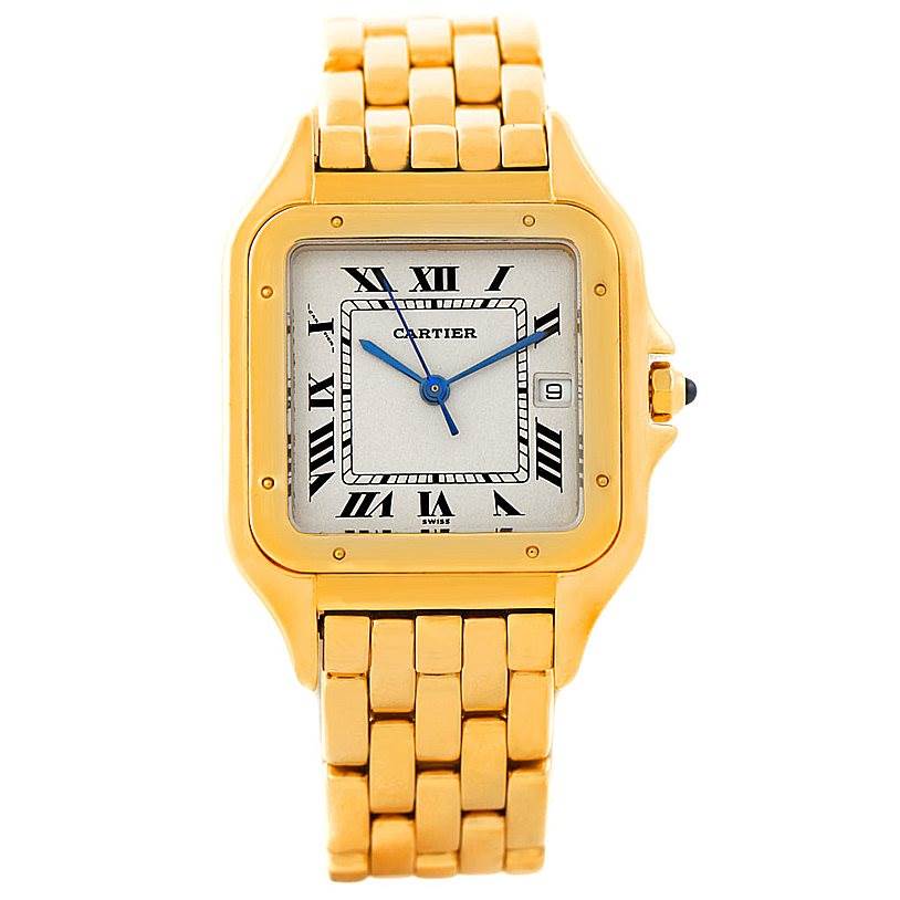 The Cartier Panthere W25014B9 Men
s Yellow Gold Silver Dial W25014B9 Men
s Yellow Gold Silver Dial watch is shown from a front angle, displaying its face, Roman numerals, gold casing, and bracelet.