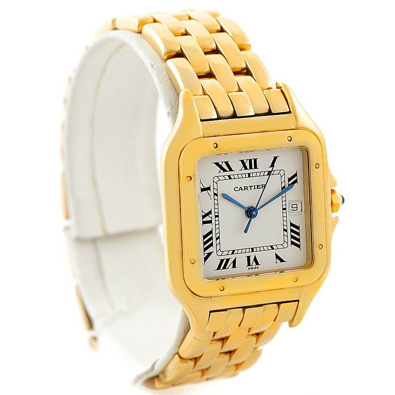 The image shows a Panthere model by Cartier from an angled view highlighting the face, bezel, and bracelet.