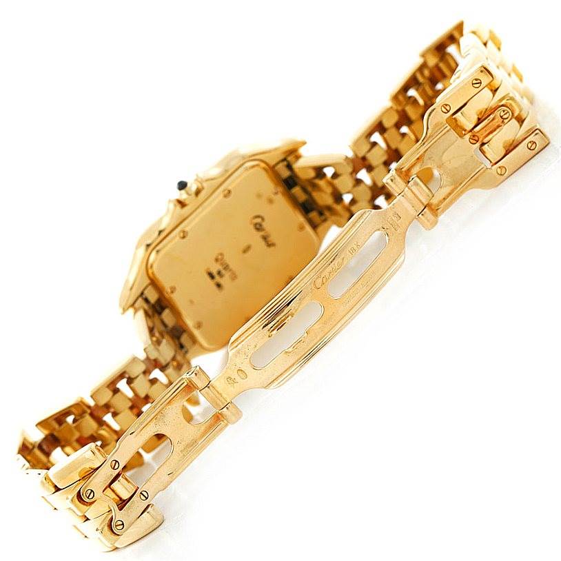 The image shows the back view and clasp mechanism of the Cartier Panthere W25014B9 Men
s Yellow Gold Silver Dial W25014B9 Men
s Yellow Gold Silver Dial watch.