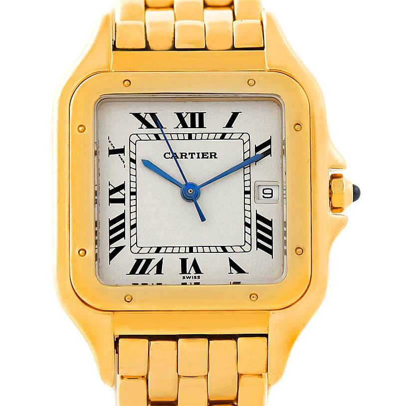 This image shows a close-up frontal view of the Cartier Panthere W25014B9 Men
s Yellow Gold Silver Dial W25014B9 Men
s Yellow Gold Silver Dial model watch, including the dial, hands, crown, and part of the bracelet.