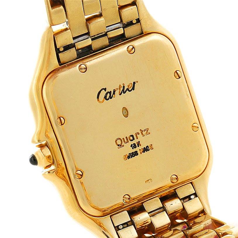 This image shows the back of a Cartier Panthere W25014B9 Men
s Yellow Gold Silver Dial W25014B9 Men
s Yellow Gold Silver Dial watch, highlighting the case back and part of the bracelet.