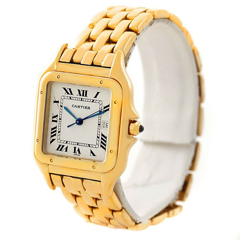 This image shows a gold Cartier Panthere W25014B9 Men
s Yellow Gold Silver Dial W25014B9 Men
s Yellow Gold Silver Dial watch from a side-front angle, highlighting its Roman numeral dial and linked bracelet.