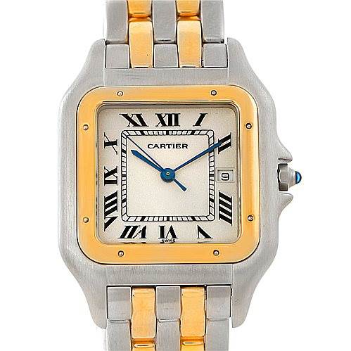 The image shows a front view of the Panthere model by Cartier, highlighting its two-tone metal bracelet and square face with Roman numeral markers.