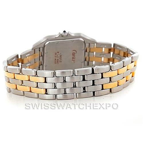 The image shows the back view of a Cartier Panthere Men
s Steel and Gold (two tone) Silver Dial Men
s Steel and Gold (two tone) Silver Dial watch, highlighting its two-tone metal bracelet and case back.