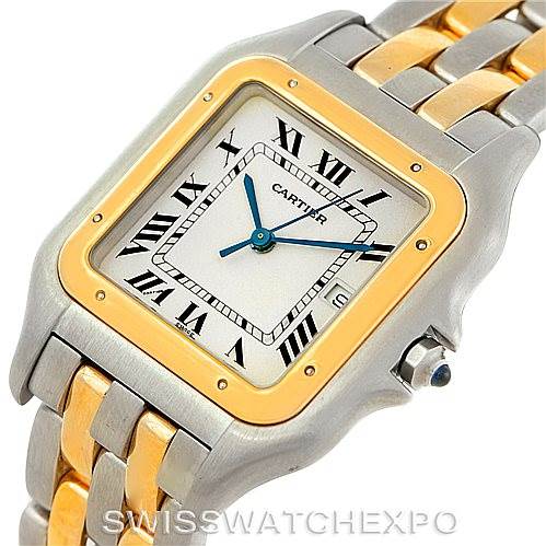 The image shows a frontal view of the Cartier Panthere Men
s Steel and Gold (two tone) Silver Dial Men
s Steel and Gold (two tone) Silver Dial watch, highlighting the face, bezel, crown, and part of the bracelet.