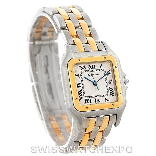 The image shows a front and slightly angled view of a Cartier Panthere Men
s Steel and Gold (two tone) Silver Dial Men
s Steel and Gold (two tone) Silver Dial model watch, featuring a two-tone metal bracelet and roman numeral dial.