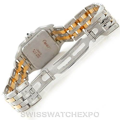 The image shows the back angle of a Cartier Panthere Men
s Steel and Gold (two tone) Silver Dial Men
s Steel and Gold (two tone) Silver Dial watch, featuring its two-tone metal bracelet and clasp.